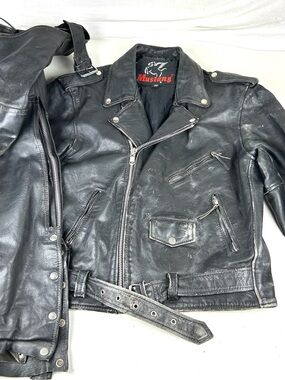 Mustang Motorcycle Biker Gang Jacket & Chaps Set Vintage 70s Leather Black Sz M